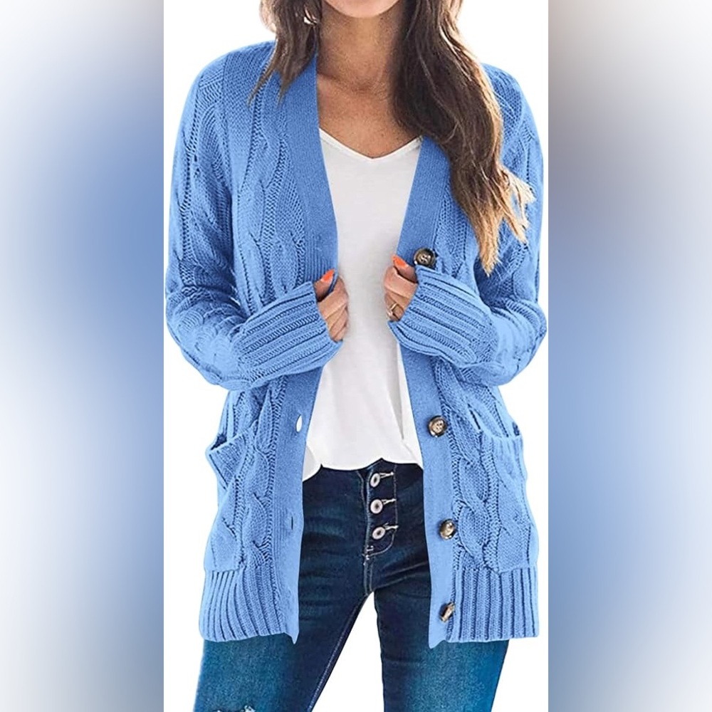 PrettyGarden blue V-Neck Cable Knit Cardigan
